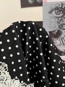 Attitoon Blusa de mujer con estampado de lunares vintage, parches y encaje, adecuada para primavera, fiestas, Pascua, salir, color negro, para volver al colegio, con estilo vintage, sexy, linda, Y2K, estilo coco, bohemio, hippie, festivales de música, fiestas - Negro - Ver 7