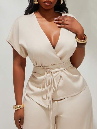 Radiana Plus Size Women's Casual Minimalist Elegant Commuter Sleeveless Top With Belt And Wide Leg Pants 2-Piece Set, Spring/Summer