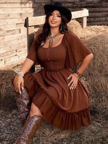 Ceyna Plus Size Square Neck Raglan Sleeve Short Dress,Chocolate Brown Summer Boho Vacation Holiday Casual Loose Fit Decorative Button Western Cowgirl Dress - Rust Brown - View 8