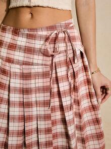 Poéselle 女士格子印花裹身系带休闲百搭迷你裙 - 紅白色 - 查看 3