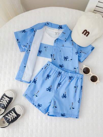 SHEIN Bộ 3 món đồ chơi/bộ cho bé trai/bé gái, phong cách thường ngày dễ thương, in hình cây cọ, gồm áo sơ mi ngắn tay, áo khoác chống nắng, áo thun ngắn tay và quần short, bộ đồ đi nghỉ mát cho bé trai.