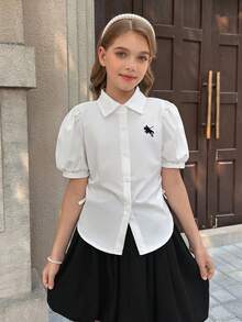 Tween Girls' Casual Vacation White Puff Sleeve Blouse, Spring/Summer Tops, Versatile For Vacation, Travel & Various Occasions - White - View 3