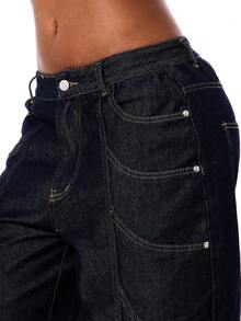 SUMWON WOMEN Quần short denim ống rộng cạp cao, dáng suông, nhiều túi, phong cách thường ngày mùa hè, kiểu thợ mộc, quần short denim phá cách. - Màu xanh lam - Xem 4