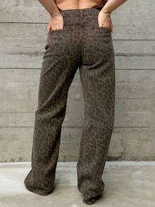 Kuleshova 时尚豹纹低腰水洗阔腿女式牛仔裤 - 彩色 - 查看 4