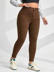 SHEIN ICON Plus Size Women High Waist Pockets Skinny Casual Versatile Jeans - Rust Brown - View 5