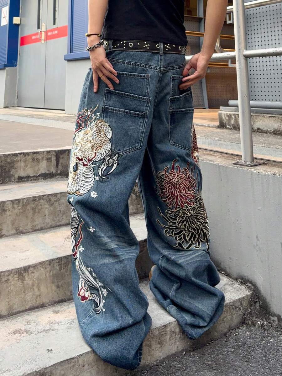 ROMWE MEN Men's Embroidered Pattern Loose Fit Jeans - Dark Wash - View 1