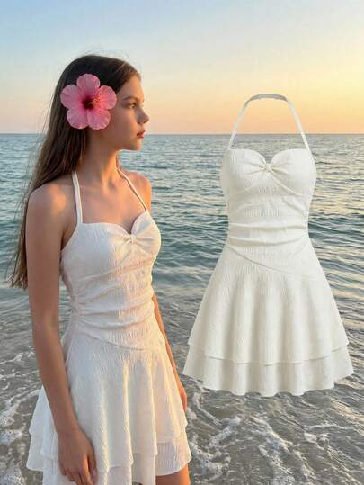 Apricot Color Casual Summer Dress For Teen GirlApricot Halter Neck Waist Gathered, Double Layer Flared Hem, Suitable For Summer Outing And Vacation