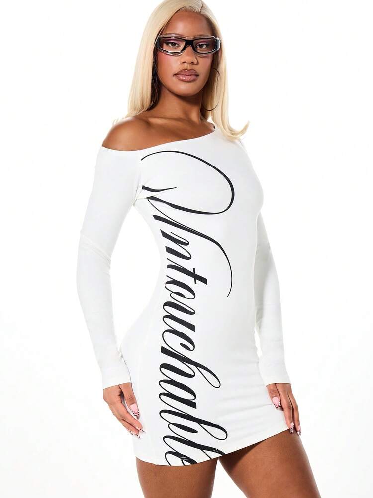 SUMWON WOMEN Off Shoulder Graphic Mini Dress With Text Print