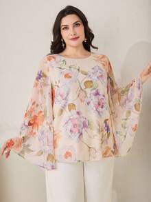 Veilorie Plus Size Women Elegant Floral Print Loose Fit Round Neck Blouse, Autumn - Multicolor - View 9