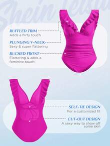 Swim Vcay 女士纯色荷叶边连体泳衣，时尚度假之选 - 玫紅色 - 查看 5