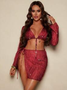 Bonvoyette 两件套女士亮面系带罩衫套装，长袖上衣和迷你裙，酒红色，适合音乐节、派对、海滩等场合。 - 酒紅色 - 查看 3