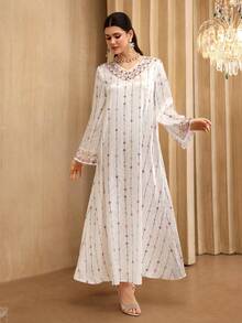 Al Najma Elegant V-Neck Beaded Floral Flare Sleeve Dress, Spring/Summer - Multicolor - View 5