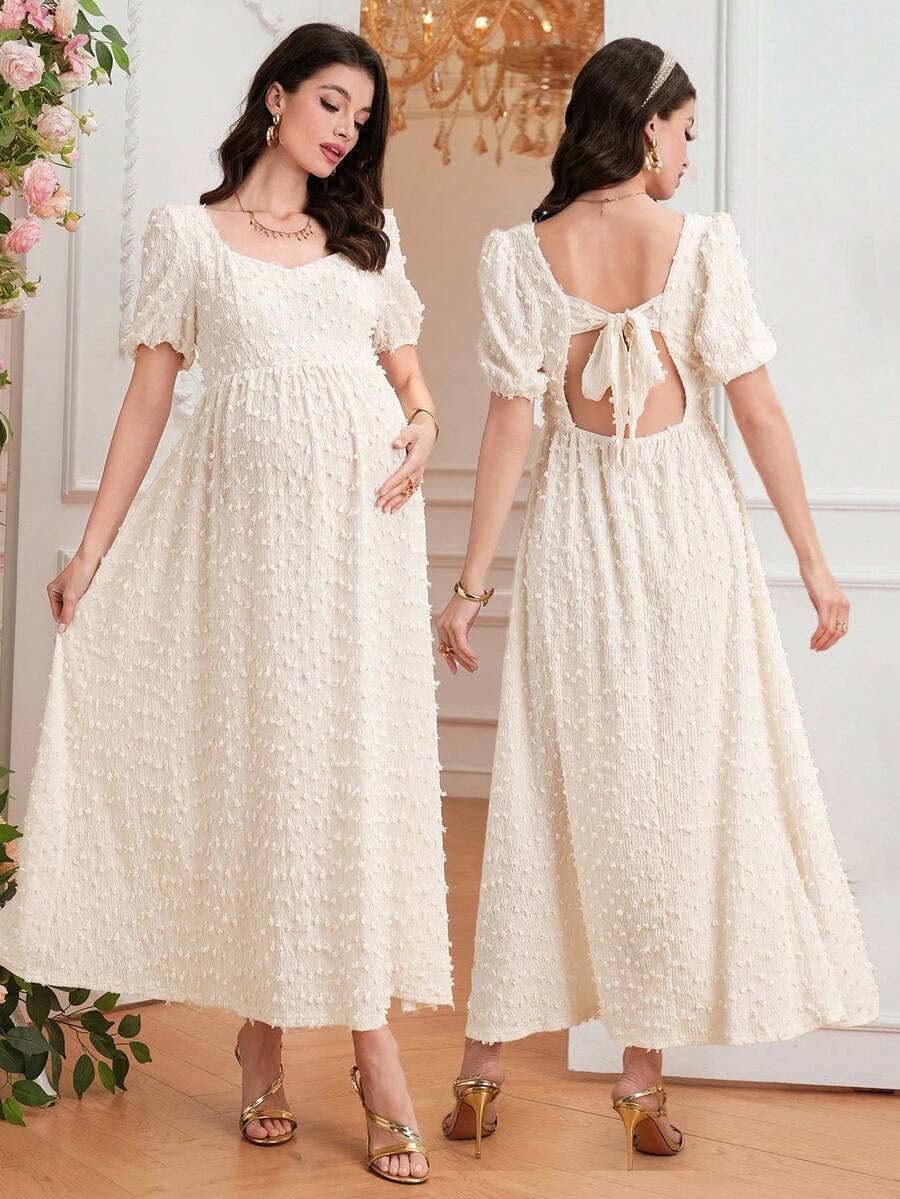 SHEIN 孕妇舒适纯色露背蝴蝶结短袖高开衩优雅连衣裙 - 米色 - 查看 1