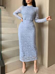DAZY 女士优雅蕾丝立领中长连衣裙，春夏婚礼宾客礼服 - 藍色 - 查看 8