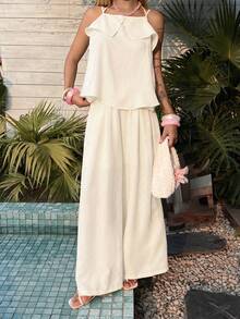 Livesso Frühlings- und Sommer-Mode Set mit gerüschtem weißem Träger-Top und weiter, gerader Hose, lässiger Urlaubs-Strand-Elegant-Büro-Stil Zweiteiler für Frauen, Boho Loungewear Sets für Frauen, Shorts Sets für Frauen - Beige - Übersicht 5