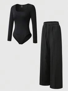 LanaWest 2pcs Black U-Neck Wide Leg Jumpsuit, Casual Slim Fit Fashion Minimalist Jumpsuit, Women - Black - View 3