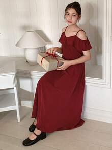 DAZY Tween Girl Solid Color Ruffle Trim Off-Shoulder Fashionable Dress Summer - Burgundy - View 5