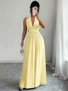 Rafferiza 优雅无袖V领露腰设计褶皱连衣裙，紫色，春夏新品，女士优雅长裙 - 黃色 - 查看 3