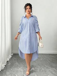 Elenzga Đầm dáng ôm thanh lịch cổ bẻ màu xanh trắng kẻ sọc tay lửng dành cho nữ cỡ lớn, thích hợp cho mùa xuân/thu. - Xanh và trắng - Xem 4