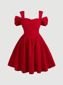 SHEIN Girlism 少女优雅网纱拼接纯色收腰A字连衣裙 - 紅色 - 查看 1