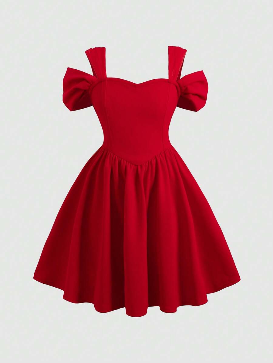 SHEIN Girlism 少女优雅网纱拼接纯色收腰A字连衣裙 - 紅色 - 查看 1