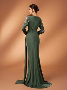 Serin Elegant Luxurious Diamond Rhinestone Elastic Knit Ruched Mermaid Skirt With Side Slit, Suitable For Weddings, Parties, Vacations, Galas, Holidays, Mother Of The Bride Evening Gowns - Army Green - View 3