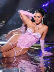 5pcs Sequin Mesh Patchwork Satin Front Metal Chain Underwire Sexy Jumpsuit Set - Pink - View 5