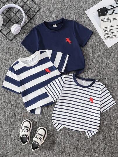 3件装男童骑士骏马印花短袖T恤，纯色藏青色、白色、藏青色白条纹圆领T恤，适合休闲、度假、运动、夏季穿着