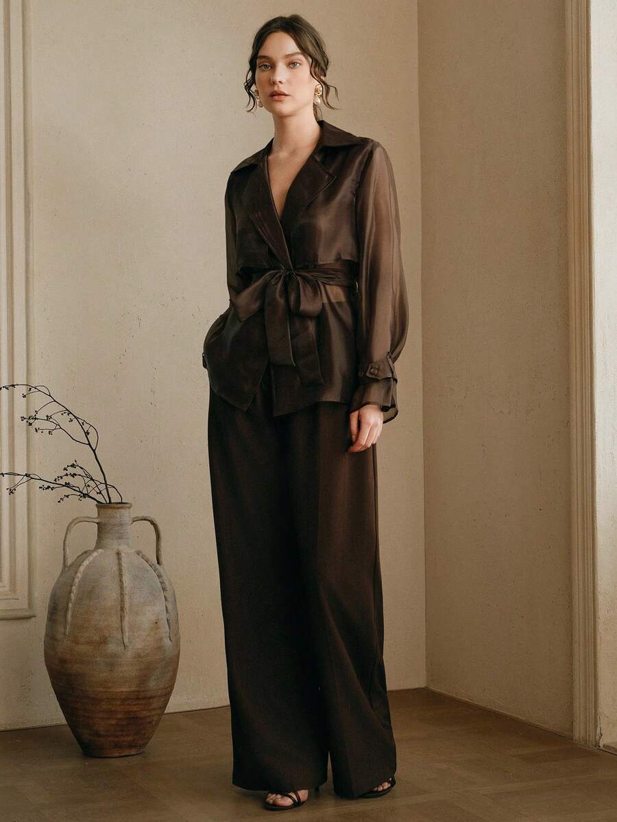 Anewsta 摩卡棕色时尚翻领系腰带修身短款夹克，百搭显瘦长袖，春夏款 - 摩卡棕 - 查看 1