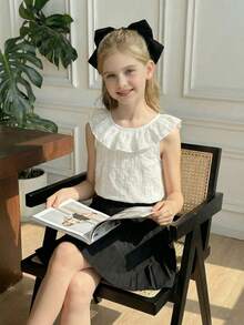 Girls' White Textured Peter Pan Collar Lace Trim Sleeveless Casual T-Shirt - White - View 1