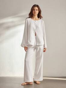 Ocili 100%纯棉舒适波西米亚刺绣贝壳纽扣长袖休闲女式睡衣套装 - 白色 - 查看 4