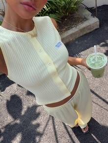 SHEIN Muchic 女士夏季新款纹理针织开衫和裤子套装 - 淡黃色 - 查看 1