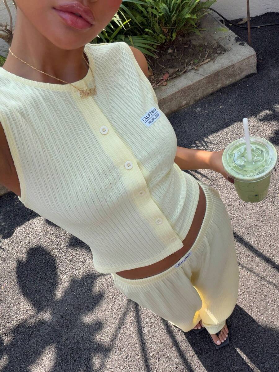 SHEIN Muchic 女士夏季新款纹理针织开衫和裤子套装 - 淡黃色 - 查看 1