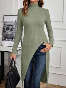 EMERY ROSE Áo thun nữ tay dài cổ đứng xẻ tà màu trơn, chất liệu gân, kiểu dáng thanh lịch. - màu xanh lá - Xem 4