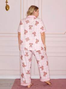 Slumberry CURVE Cute Ins Bear Plaid Print Contrast Color Lapel Button Front Short Sleeve Comfortable Loose Casual Woven Pajama Set, Plus Size - Pink - View 2