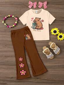 Spring And Summer Young Girl Casual Fashion Creative Personalized Fresh Minimalist Kapibaila Pearl Milk Tea Heart Flower Pattern Letter Slogan Print Casual Basic Short T-Shirt And Flared Pants Set, Comfortable Daily Wear, Cozy Summer And Fall Styles Suitable For Spring, Summer And Autumn - Multicolor - View 6