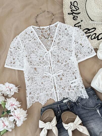 Blusa de manga corta con bordado y calado, de tejido sólido blanco, elegante y encantadora para adolescentes