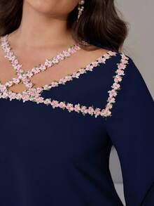 Al Najma Đầm dài tay dáng rộng thoải mái kiểu Ả Rập dành cho nữ cỡ lớn, khoét ren, phối ren, kiểu dáng thường ngày. - Màu xanh hải quân - Xem 7