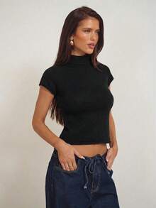 Aloruh Women's Elegant Mock Neck Cap Sleeve Fitted Cropped Short Sleeve Knit Sweater Top - Black - View 4