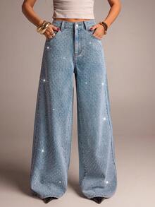 Avantive Nuevos jeans azul claro lavados con diamantes para mujer, con estilo casual, ajuste holgado, perfecto para salir, carnavales, festivales, retro, graduación, pascua, con etiqueta decorativa - Lavado ligero - Ver 5