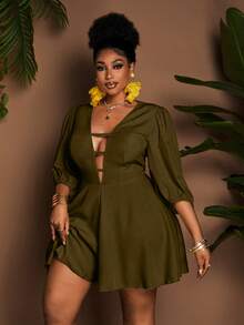 Maweii 大码女式性感沙滩度假风简约纯色镂空深V领灯笼袖收腰连体衣 - 軍綠色 - 查看 1