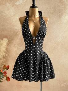 Soleia 女士波点V领镂空腰A字迷你连衣裙，适合派对、圣诞节、约会、夜店、波西米亚风、度假、秋季等场合。 - 黑與白 - 查看 3