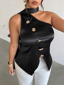 Firerie Plus Size Women Asymmetrical Design Backless Top, Summer Tops - Black - View 1