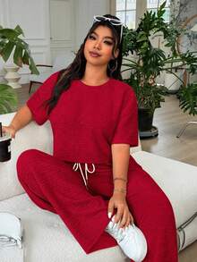 SHEIN EZwear Set de 2 piezas Talla grande Mujer Blusa de cuello redondo roja de manga corta y Pantalones anchos de cintura con cordón, Casual - Rojo - Ver 4
