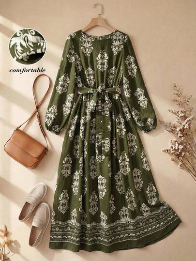 Rusticease Women's Casual Lantern Sleeve Printed Long Dress, Green, Summer Dresses Summer Outfits Spring Dress Elegant Party Dresses  Elegant Dresses For Women Summer Holiday Outfits Casual Dresses For Women Casual Outfit For Women Formal Graphic Dresses For Women