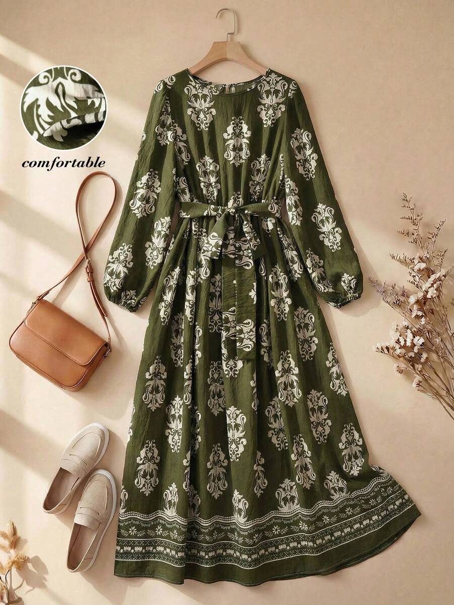 Rusticease Women's Casual Lantern Sleeve Printed Long Dress, Green, Summer Dresses Outfits Spring Elegant Party For Women Holiday Outfit Formal Graphic