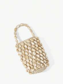 Maija 女士手提包，亚克力串珠钩编包，水桶包，时尚，优雅，简约，个性化，百搭，适合海滩、度假、假日、夏季、海边、沙滩派对 - 米色 - 查看 4