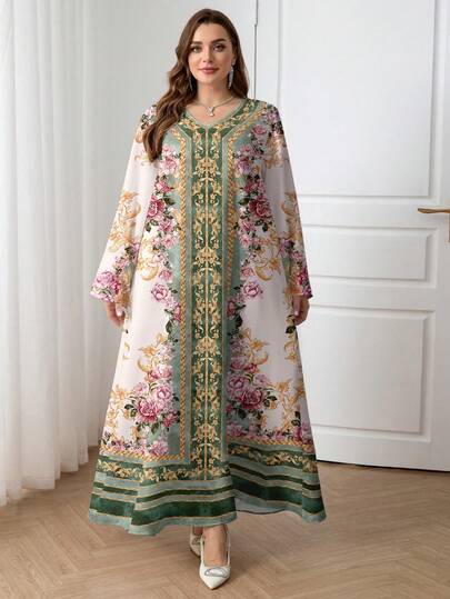 Al Najma Plus Size Women Casual Floral Print V-Neck Long Sleeve Arabic Style Maxi Dress