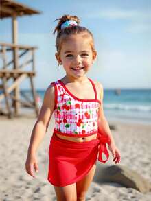 女童格子樱桃印花不对称领口泳衣套装，含罩衫和迷你裙 - 紅色 - 查看 3