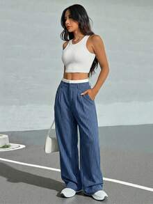 Muchica 秋冬季女士褶裥条纹阔腿西装裤，撞色腰带设计 - 霧霾藍 - 查看 4